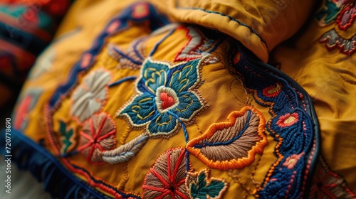 A close-up view of a yellow jacket with beautifully embroidered flowers. Perfect for adding a pop of color and style to any outfit