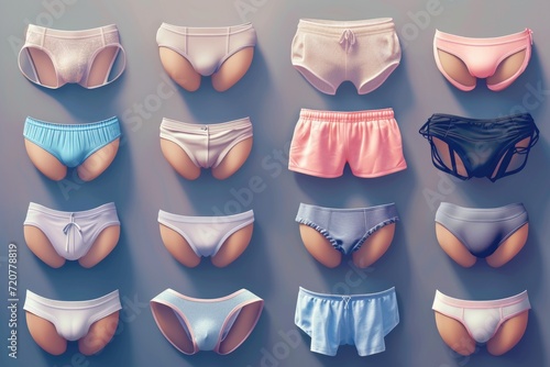 A collection of underwear items neatly arranged next to each other. Perfect for showcasing different styles and colors.