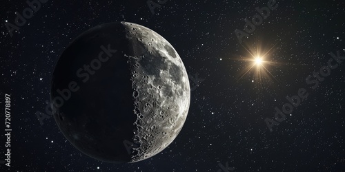 Close up view of a moon with a star in the background. Perfect for astronomy enthusiasts or night sky-themed designs