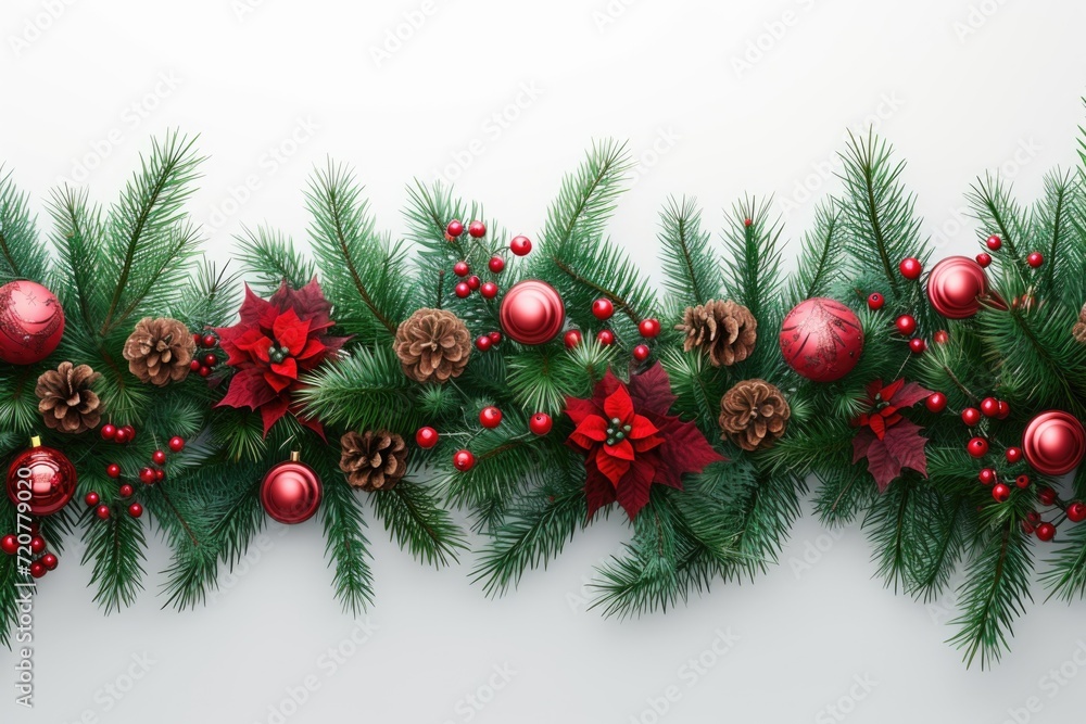 A festive Christmas garland adorned with pine cones and poinsettias. Perfect for adding holiday cheer to any space A festive Christmas garland adorned with pine cones and poinsettias. Perfect for adding holiday cheer to any space