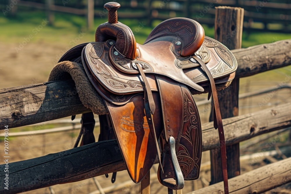 A saddle hangs on a sturdy wooden fence. Perfect for equestrian enthusiasts and rustic farm-themed designs A saddle hangs on a sturdy wooden fence. Perfect for equestrian enthusiasts and rustic farm-themed designs