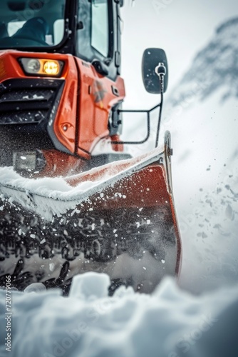A snow plow clearing snow with its powerful blades. Ideal for winter weather and snow removal concepts © Fotograf