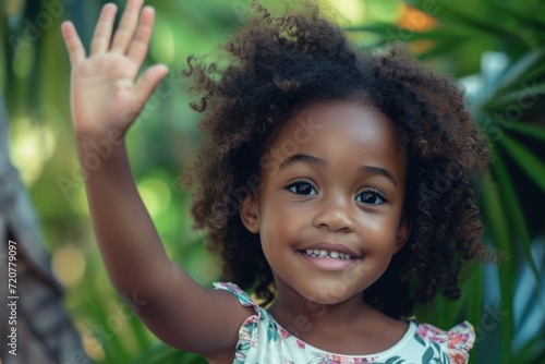 A charming little girl with curly hair joyfully waving her hand. Perfect for capturing the innocence and happiness of childhood. photo