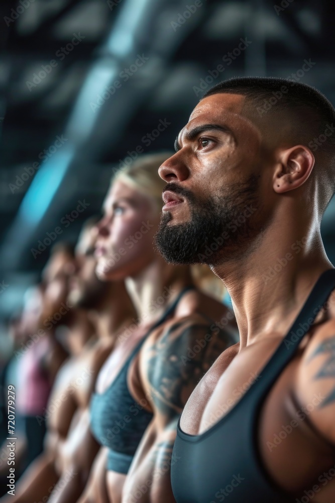 A group of muscular men and women standing in a row. Can be used to depict fitness, teamwork, or a sports team A group of muscular men and women standing in a row. Can be used to depict fitness, teamwork, or a sports team