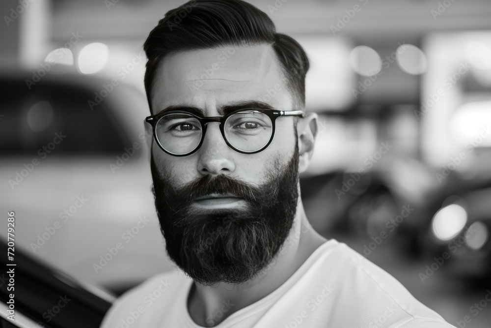 Obraz premium Confident businessman in a sharp, black and white stock image. Beard, glasses, well-groomed