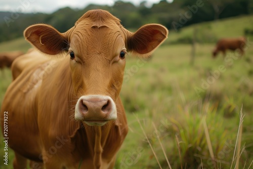A brown cow standing on a lush green field. Suitable for agricultural, countryside, or farm-related themes © Fotograf