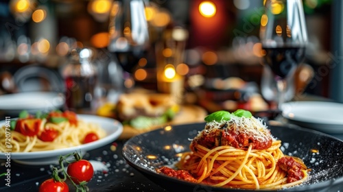 A plate of spaghetti with tomato sauce and a glass of wine. Perfect for Italian cuisine or food and drink concepts photo