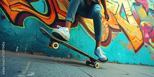 A person riding a skateboard in front of a vibrant graffiti-covered wall. Perfect for urban-themed designs or showcasing street culture