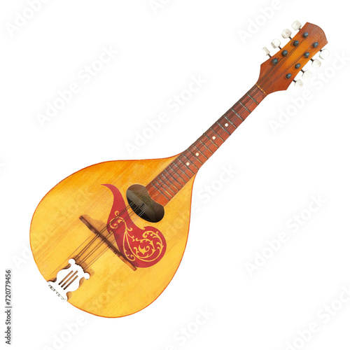 Russian folk stringed musical instrument balalaika isolated on a white and transparent background. PNG. View from above.
