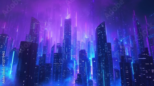 A vibrant, futuristic cityscape with bustling streets, neon-lit buildings, and holographic advertisements
