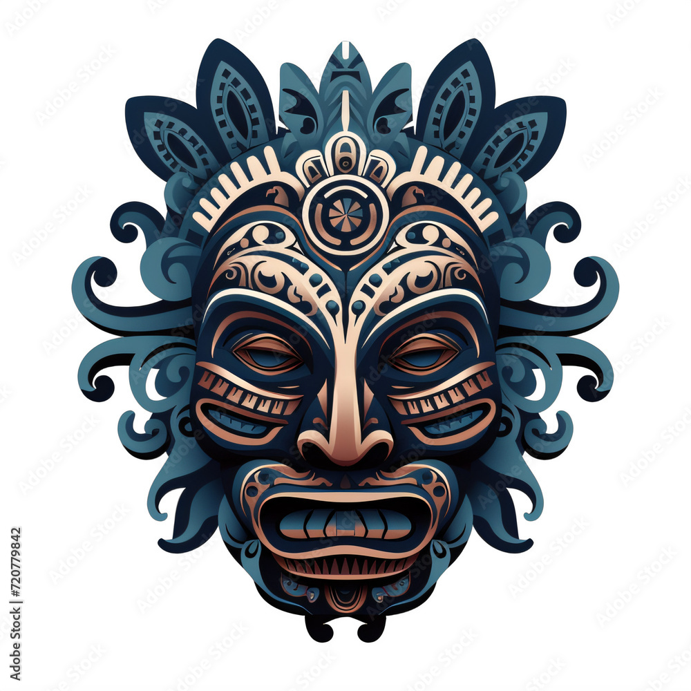 ornate tribal mask with intricate gold and blue design on a transparent background png isolated