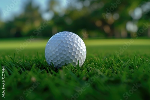 A golf ball sits on top of a vibrant, well-maintained green field. This image is perfect for golf enthusiasts or for illustrating sports and outdoor activities