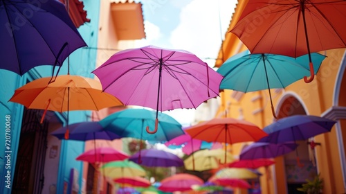 Wallpaper Mural A vibrant display of colorful umbrellas hanging from the ceiling. Perfect for adding a pop of color and whimsy to any space Torontodigital.ca