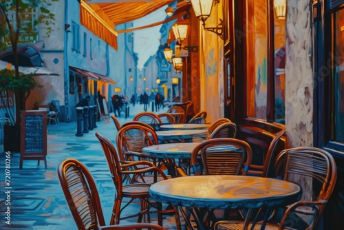 Painting of tables and chairs set up on a sidewalk. Suitable for outdoor dining scenes or urban landscapes © Fotograf