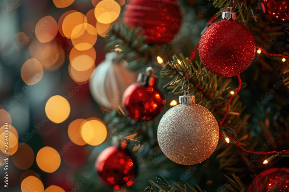 A detailed view of a Christmas tree adorned with festive ornaments. Perfect for holiday-themed designs and decorations A detailed view of a Christmas tree adorned with festive ornaments. Perfect for holiday-themed designs and decorations