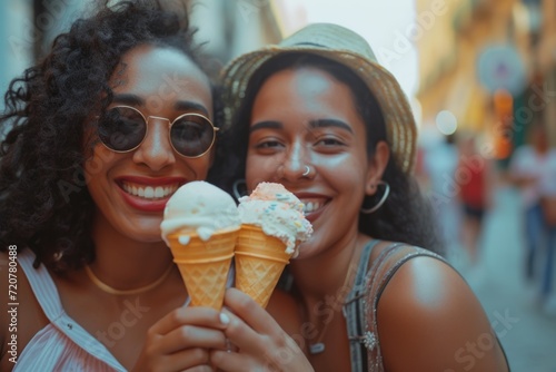 Two women holding ice cream cones. Suitable for summer-themed projects or advertisements