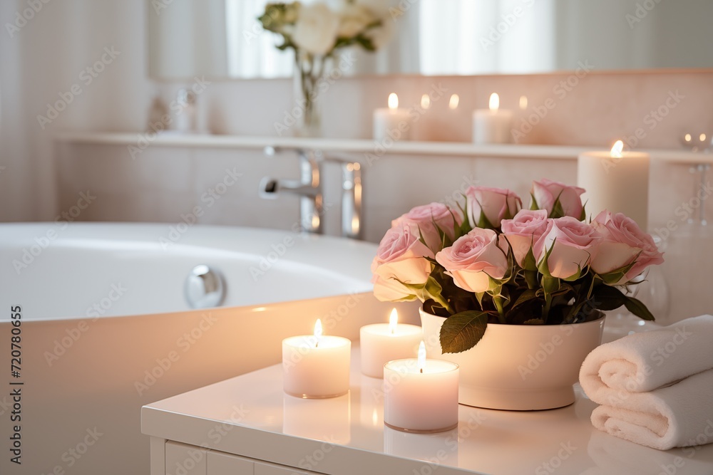 pink rose and candle in bathroom pink rose and candle in bathroom