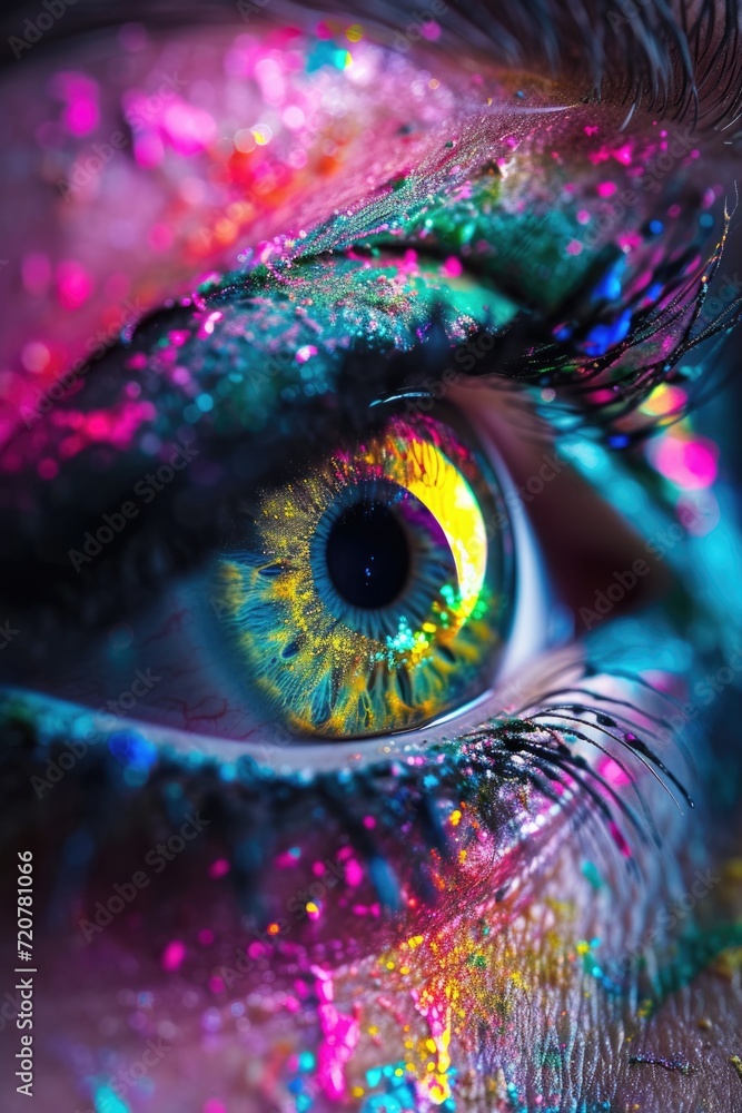 Naklejka premium A close-up view of a person's eye with shimmering glitter. Perfect for adding a touch of sparkle and glamour to any project