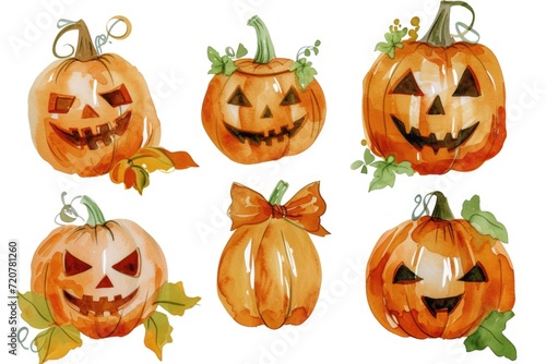 A group of pumpkins with faces painted on them. Perfect for Halloween decorations