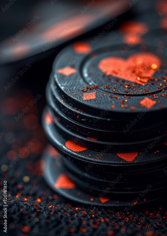 Black and red poker chips. A close-up view of a stack of black and red ...