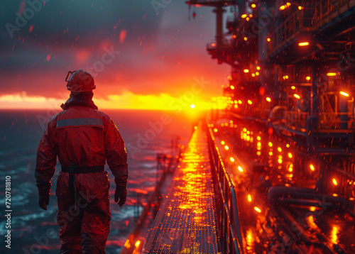 An oil worker looks out over the water and sunset. A man confidently stands on top of a boat  surrounded by the vast ocean.