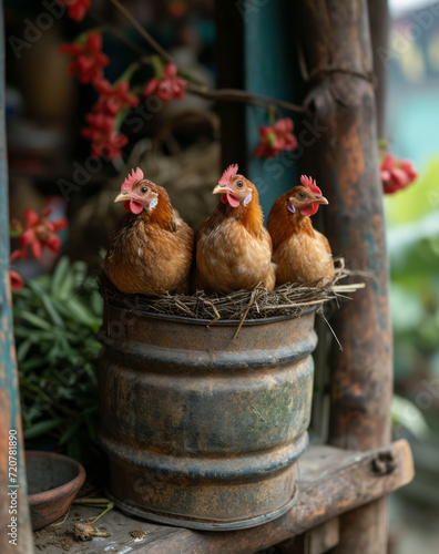 Chickens in a basket with eggs. A group of chickens perched on top of a metal bucket, displaying their natural behavior and interaction. photo