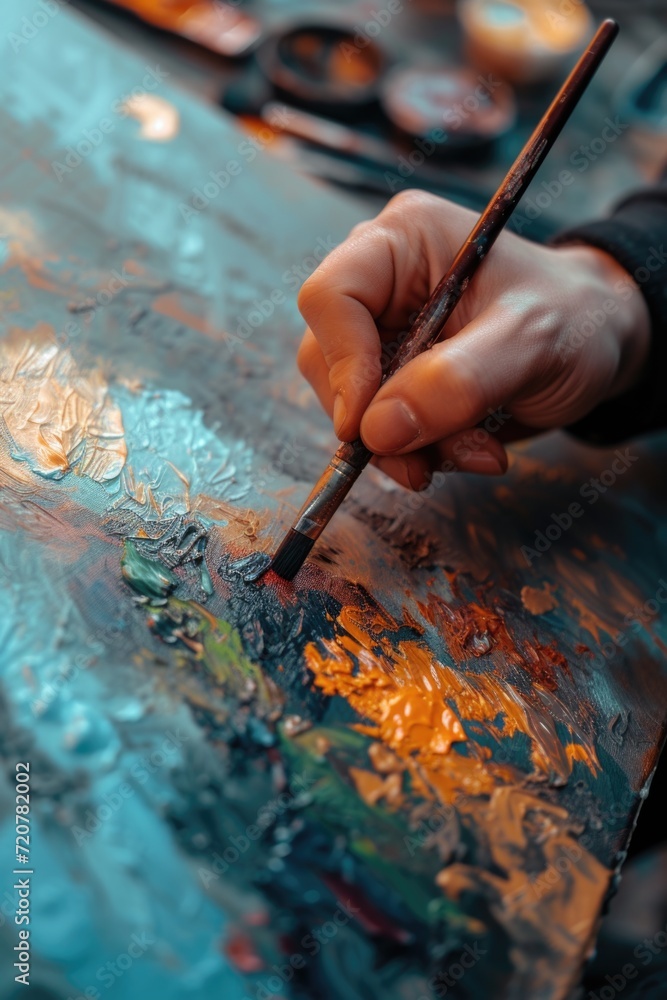 A close-up view of a person using a brush to paint. This image can be used to depict creativity and artistic expression A close-up view of a person using a brush to paint. This image can be used to depict creativity and artistic expression