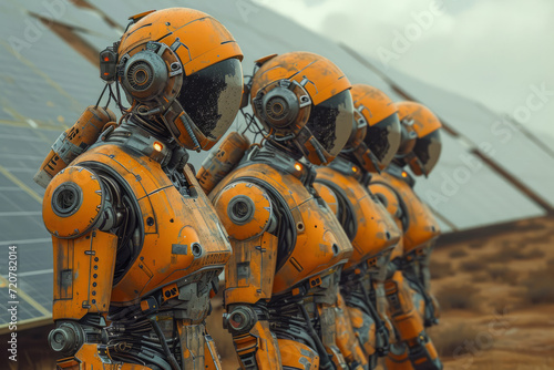 Robots stand in front of solar panels. A group of orange robots stand next to each other in this image/video. © Vadim