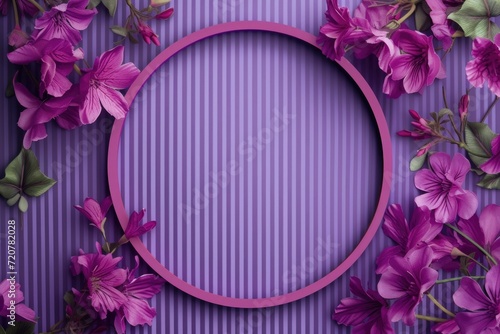 A purple frame adorned with purple flowers set against a matching purple background. Ideal for adding a touch of elegance and beauty to any design project #720782028