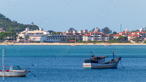 boats in the Ponta das Canas beach city of Florianópolis state of Santa Catarina Brazil