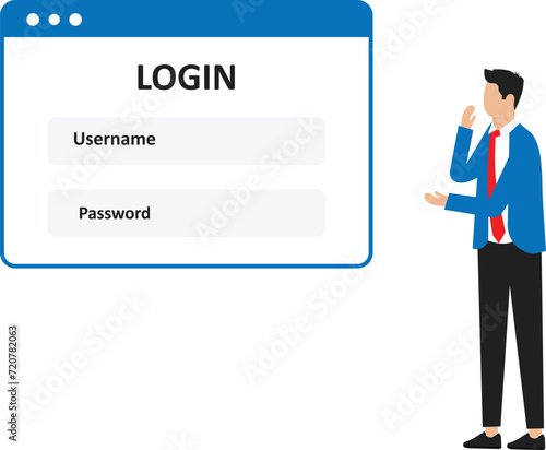 Entering personal email and security concept. Smiling man standing near login username and password and signing. 