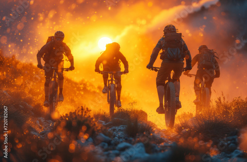 Four mountain bikers riding at sunset. A group of individuals riding bicycles energetically through a vast, green field.