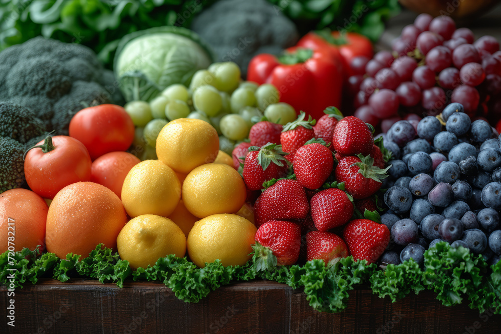 Assorted Fresh Fruits and Vegetables Displayed at Market Assorted Fresh Fruits and Vegetables Displayed at Market