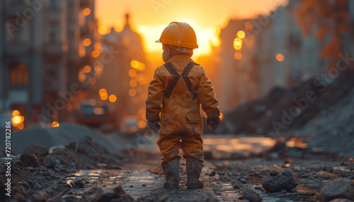 Young child in helmet and overalls standing. A small child wearing a yellow coverall walks through the bustling streets of a city, exploring the urban environment.