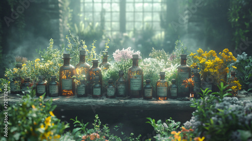 Witchcraft table near the window with bottles and herbs