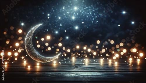 Sparkling Crescent Moon Decoration on Dark Background, Festive Mood Concept