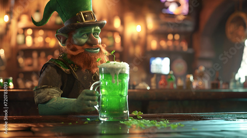 banner or card for st. patrick's day, red smiling leprechaun in a green hat with a mug of green ale camera in a bar