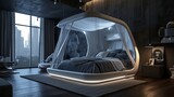 A futuristic bed canopy with LED lighting, set in a room with dark grey walls and high-tech ambiance