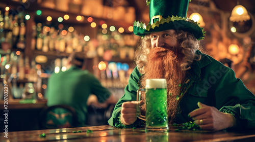 banner or card for st. patrick's day, red smiling leprechaun in a green hat with a mug of green ale looking at the camera in a bar photo