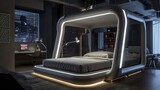 A futuristic bed canopy with LED lighting, set in a room with dark grey walls and high-tech ambiance