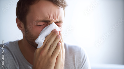 A man with a cold, blowing his nose