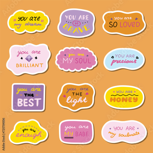 Set of stickers with cute inspirational and compliment quotes for planners, notebooks. Ready for print list of cute stickers. Handwritten lettering love and motivational phrases