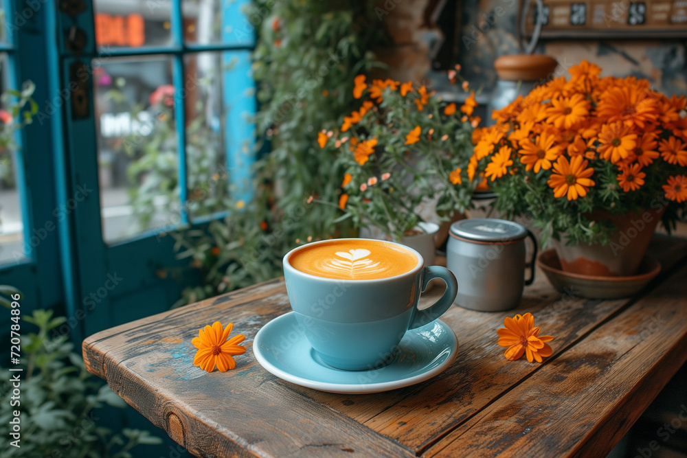 A cup of coffee with orange flowers on a weathered wooden table A cup of coffee with orange flowers on a weathered wooden table