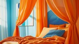 A whimsical bed canopy in bright orange, set in a room with sky blue walls and modern abstract art