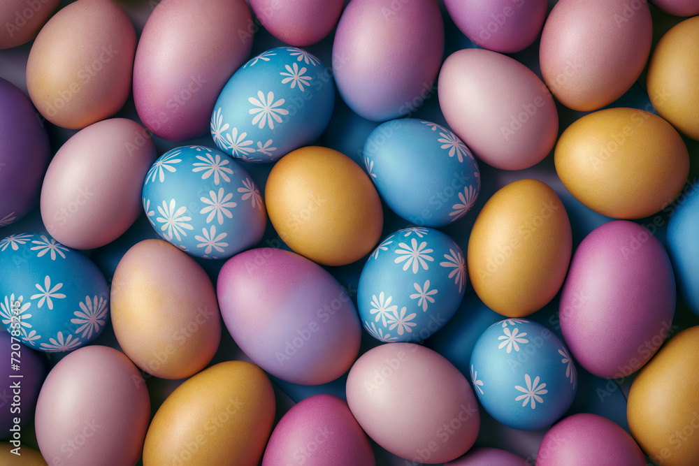 Brightly colored Easter eggs arranged on a blue background. The eggs come in various shades of pink, blue, and yellow, and some of them have been decorated with white floral patterns