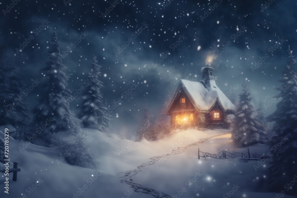 Fototapeta premium village street in winter season decorated for Christmas or New Year holiday, beautiful view of exteriors of houses , snow, sunset, street lights, festive environment