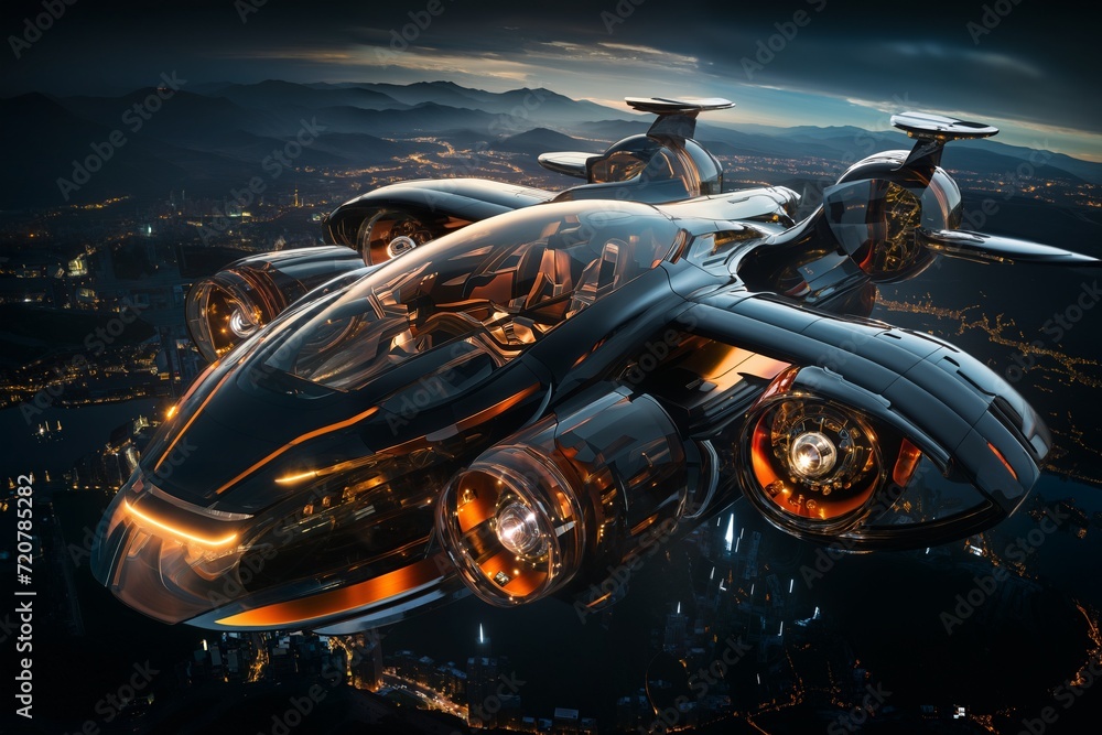 futuristic flying vehicle over the city, aerial view, cityscape, sky at sunset, aerial transportation futuristic flying vehicle over the city, aerial view, cityscape, sky at sunset, aerial transportation