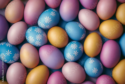 Brightly colored Easter eggs arranged on a blue background. The eggs come in various shades of pink  blue  and yellow  and some of them have been decorated with white floral patterns