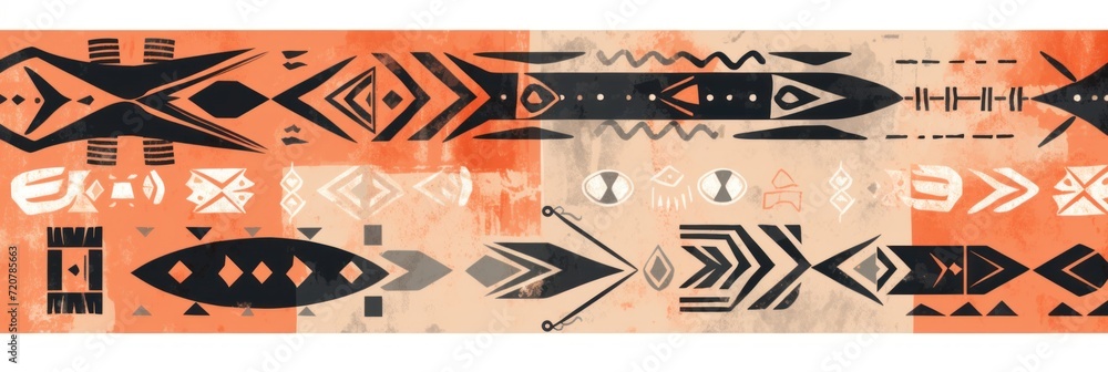 Salmon, topaz, and charcoal seamless African pattern, tribal motifs grunge texture on textile
