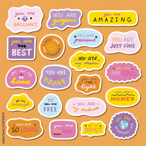 Big set of stickers with cute inspirational and compliment quotes for planners, notebooks. Ready for print list of cute stickers. Handwritten lettering love and motivational phrases